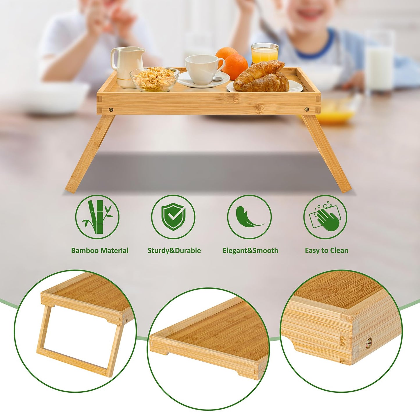 Kaukinye Bamboo Bed Tray Table with Foldable Legs, Breakfast Tray, Laptop Desk for Bed or Sofa,Serving,TV Table Kitchen, Eating,Working, Reading (Beige)