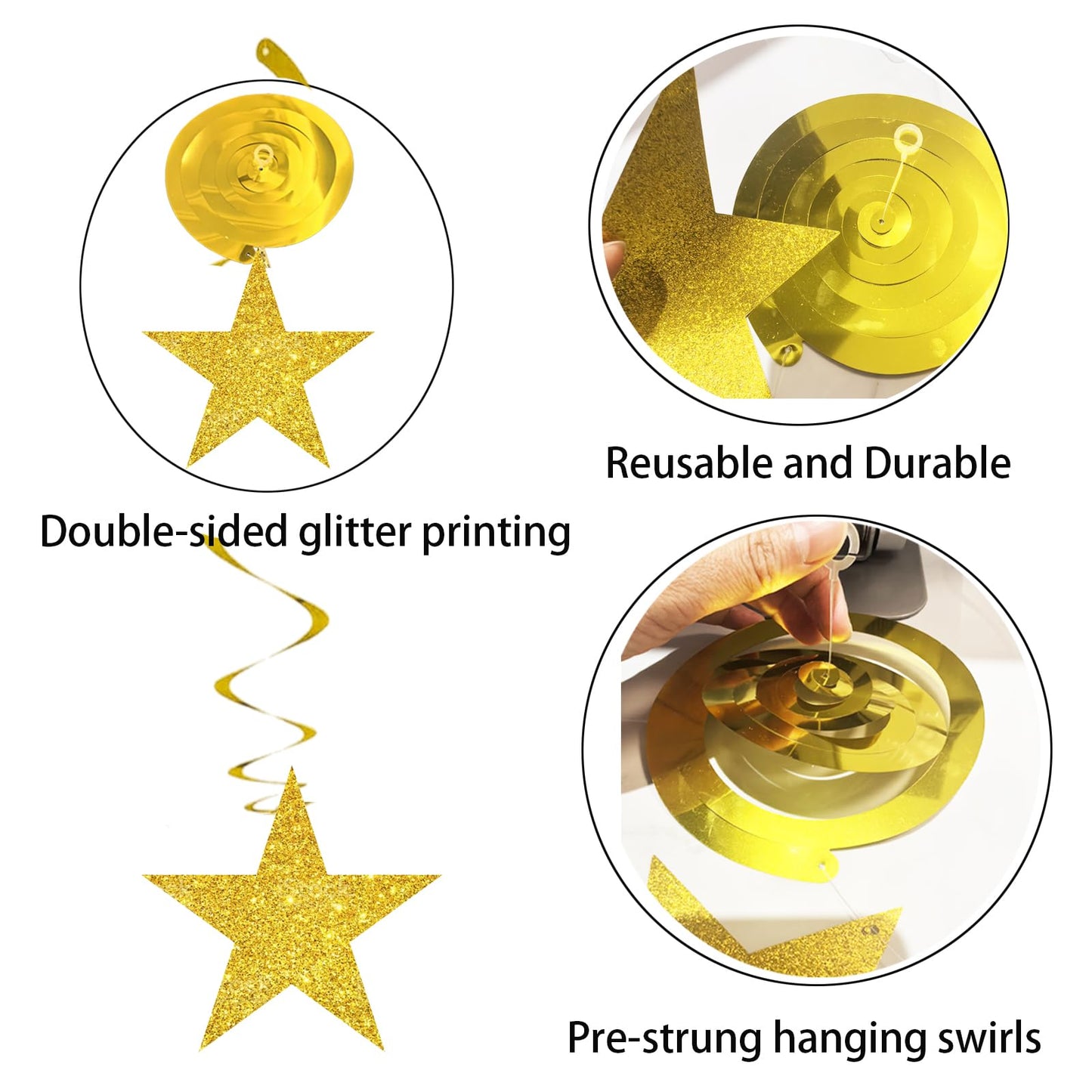 Black Gold Graduation Decorations/Black Gold Party Decorations/Black and Gold Star Hanging Swirls, 16 Pieces, for Birthday,New Year Eve, Graduation Star Party Decorations