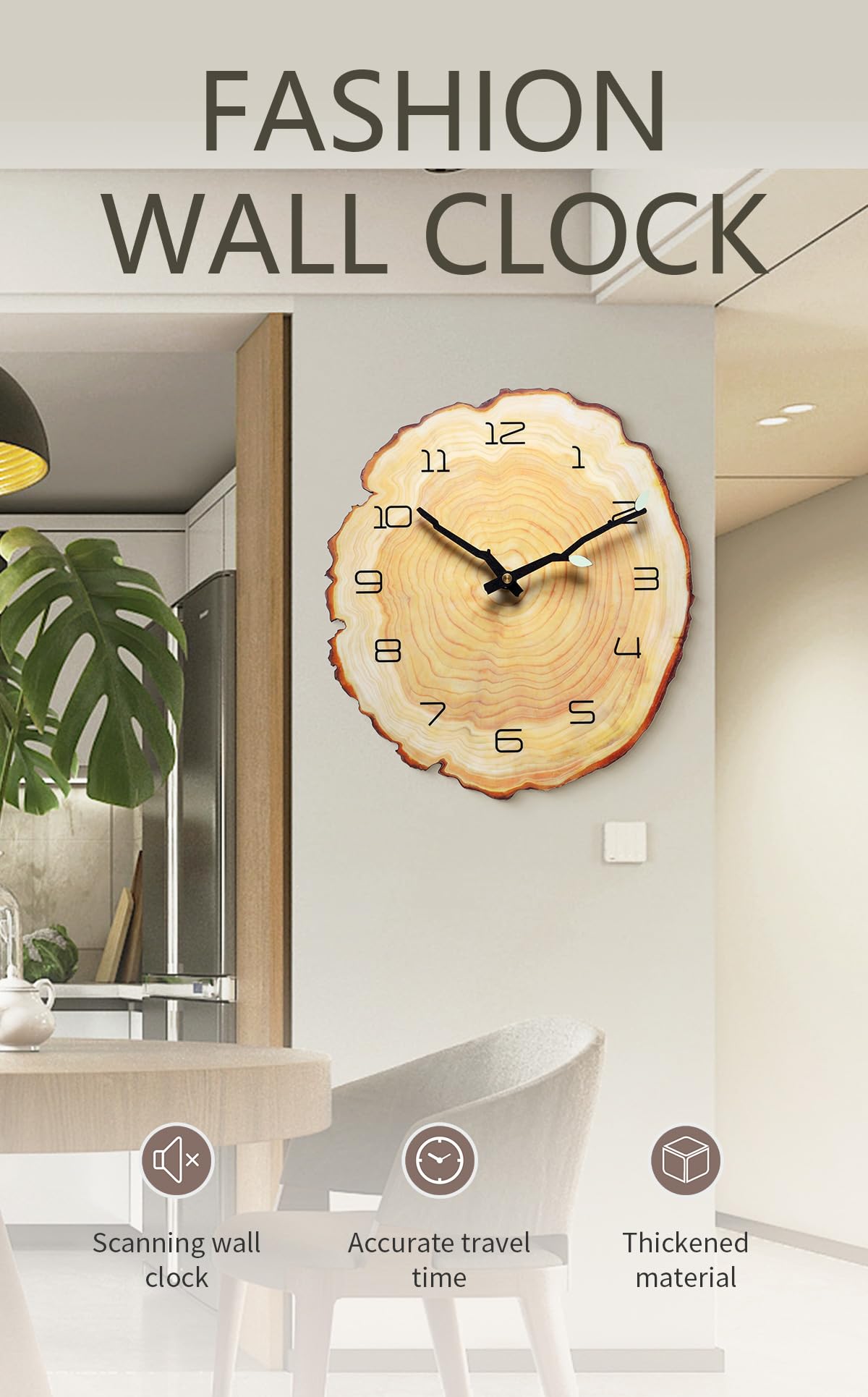 Funsec 12 Inch Annual Ring Wall Clock - Wood Grain Stump Clock with Arabic Numerals - Battery Powered, Silent Quartz Movement - Decorative for Home, Living Room, Office - Size: 10.55"W x 11.88"H