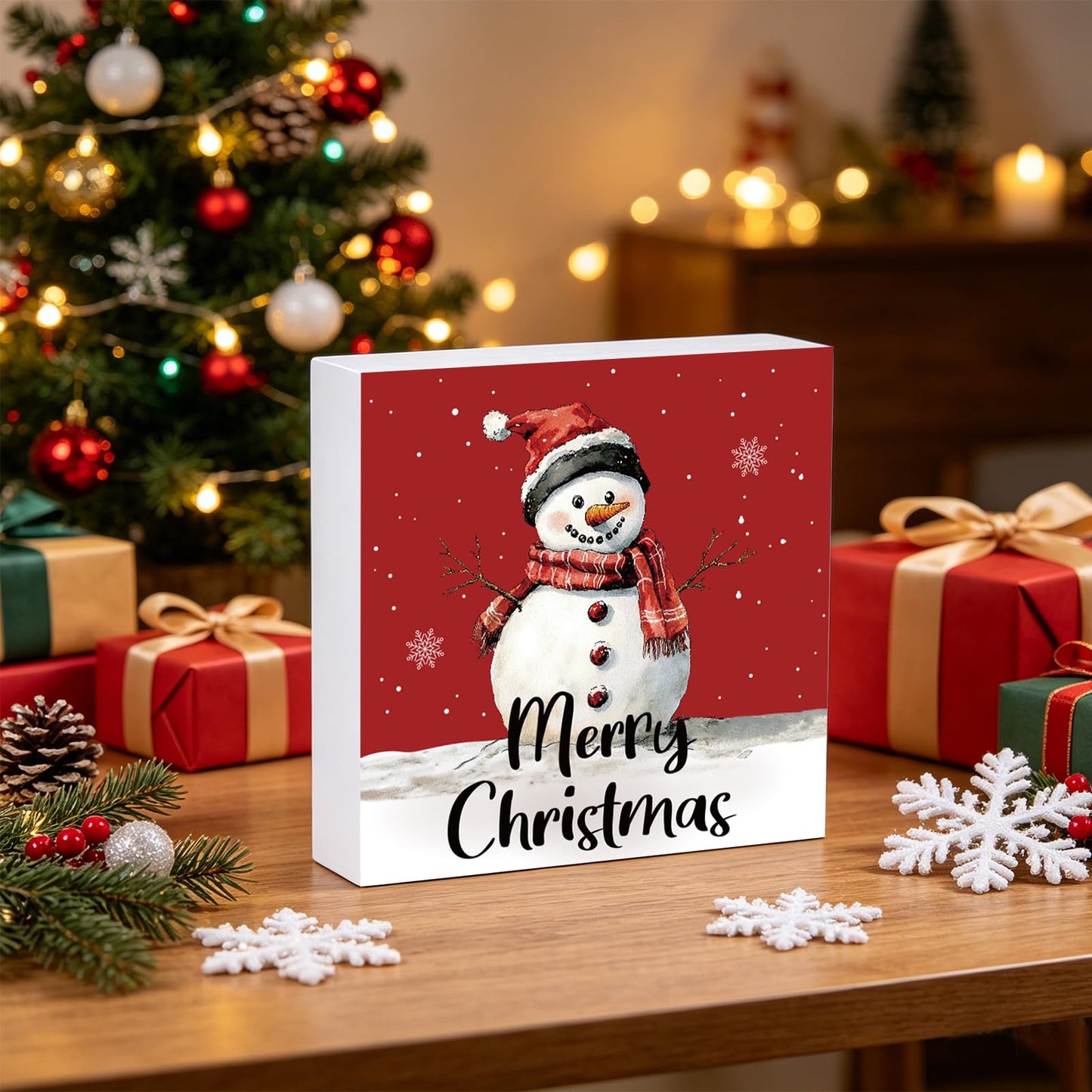 Christmas Decorations Indoor Christmas Decor Table Winter Home Room Snowman Office Bathroom Wood Box Sign Rustic Wooden Shelf Desk Decor Season Sign House Warming Gifts 5.9 x 5.9 Inch