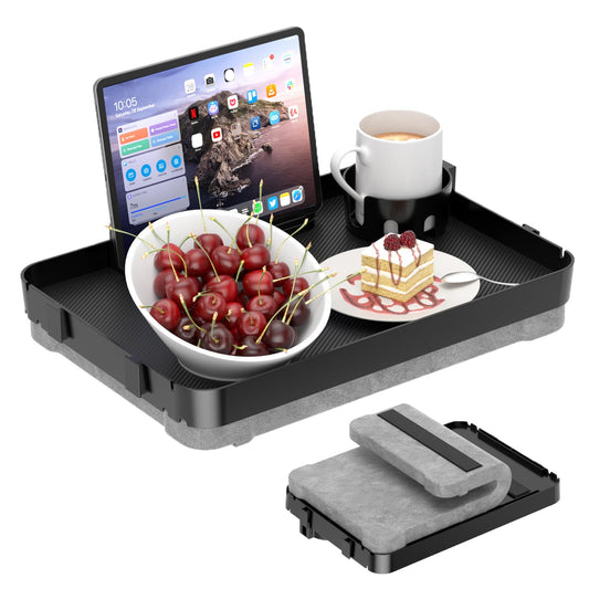 Lap Tray with Cushion Plastic Lap Desk with Cushion 15.5”Large Breakfast in Bed Tray with Removable Cushion & Cup/Phone Holder, Lap Table with Laptop Pocket for Couch TV Adults Eating Gaming Black