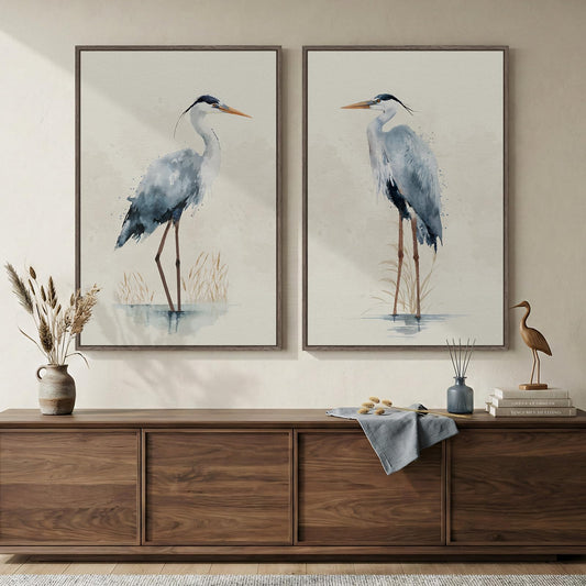 Large Framed Vintage Bird Wall Art, 2 Piece Neutral Blue Heron Canvas Painting Prints, Minimalist Farmhouse Vertical Coastal Heron Artwork for Living Room Office Kitchen Hallway Wall Decor, 24x36