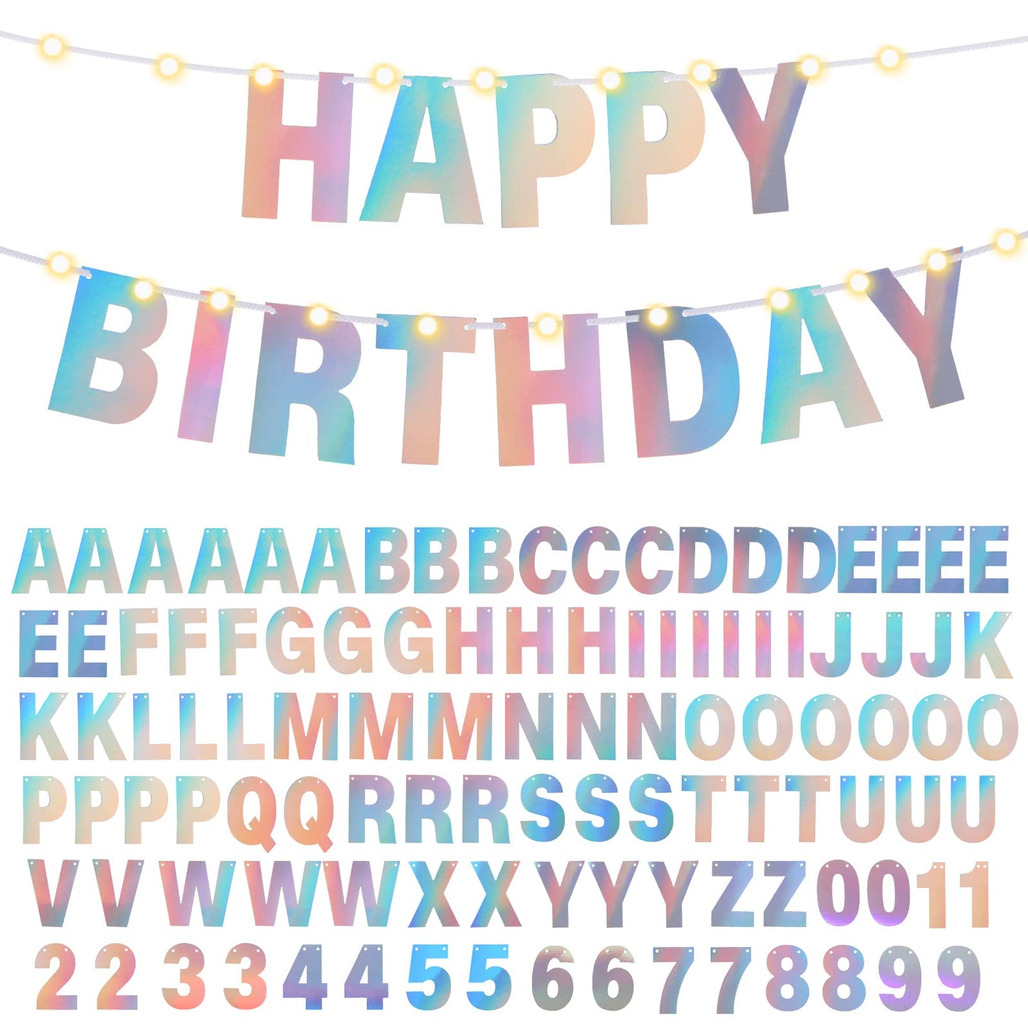 TaoBary 112 Pcs DIY Letter Kit Glitter Customizable Banner Letters Include 107 Letters and Numbers 3 Rope and 2 Needles for Birthday Halloween Christmas Wedding Valentine Party Decor(Holographic)