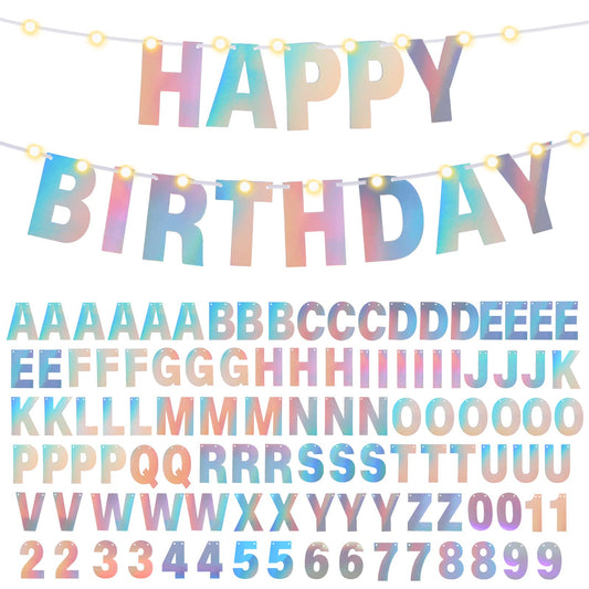 TaoBary 112 Pcs DIY Letter Kit Glitter Customizable Banner Letters Include 107 Letters and Numbers 3 Rope and 2 Needles for Birthday Halloween Christmas Wedding Valentine Party Decor(Holographic)