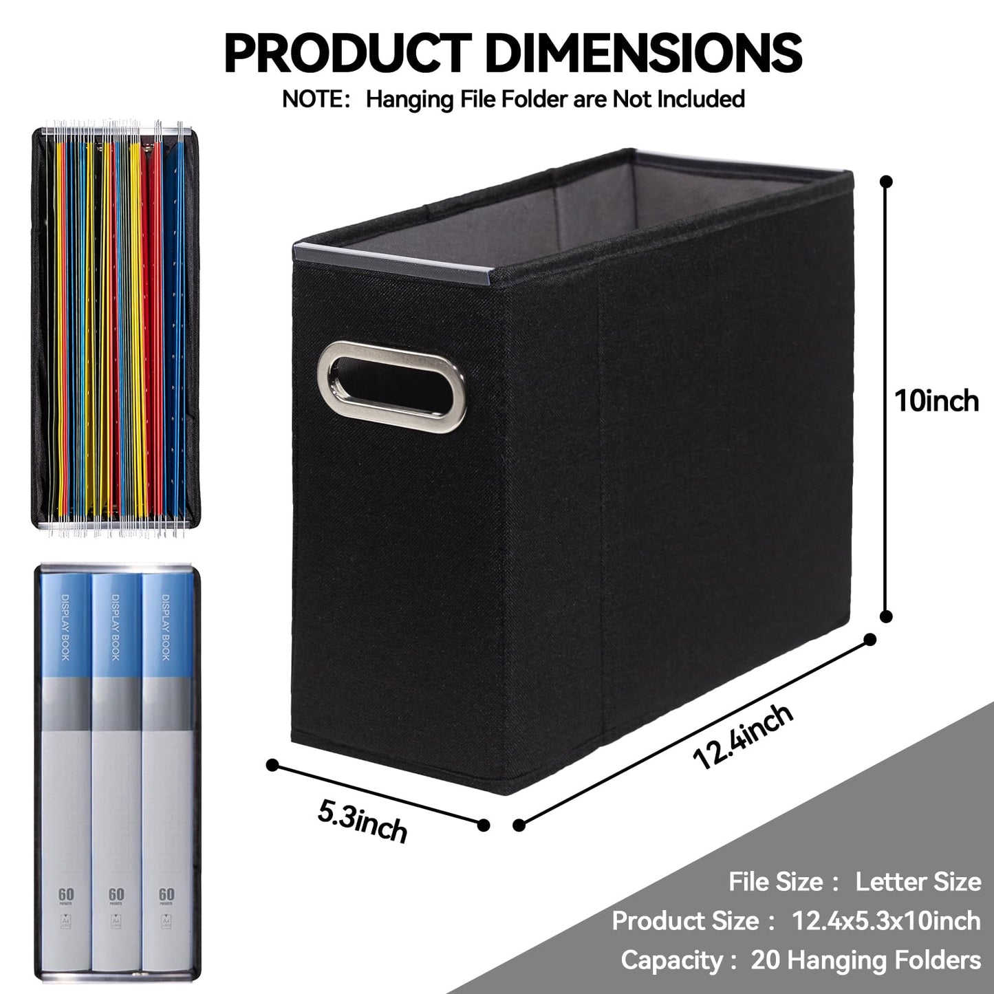ComfortKeeper 2 Packs Letter Size File Organizer, File Folders Organizer, Fabric Storage Box, Collapsible Paper Organizer with Metal Handle, Smooth PVC Rails, Only Box (Black)