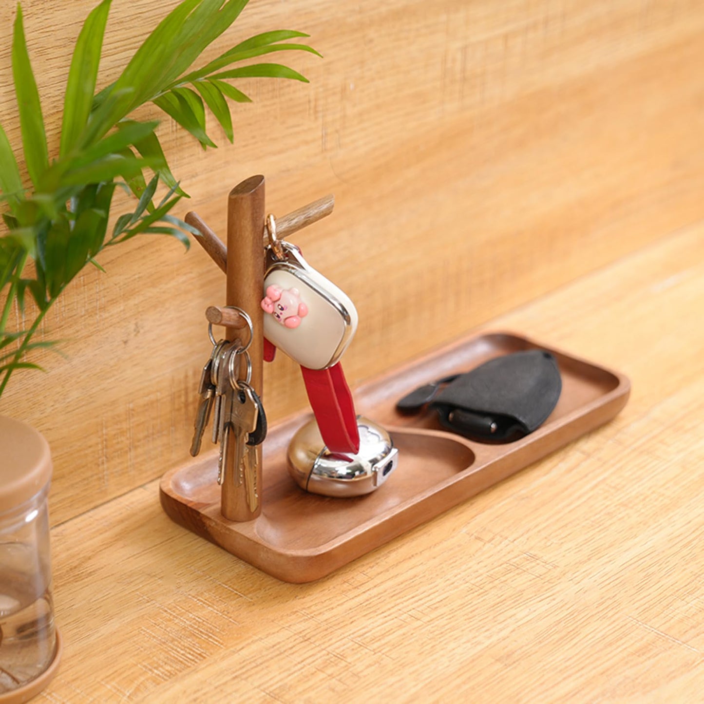 HODAKJUE Wooden Jewelry Stand, 2-in-1 Entryway Key Tray & Desk Organizer, Multi-Compartment Vanity Jewelry Holder, Solid Wood Entryway Organizer for Necklaces, Rings, Earrings, Minimalist Home Decor