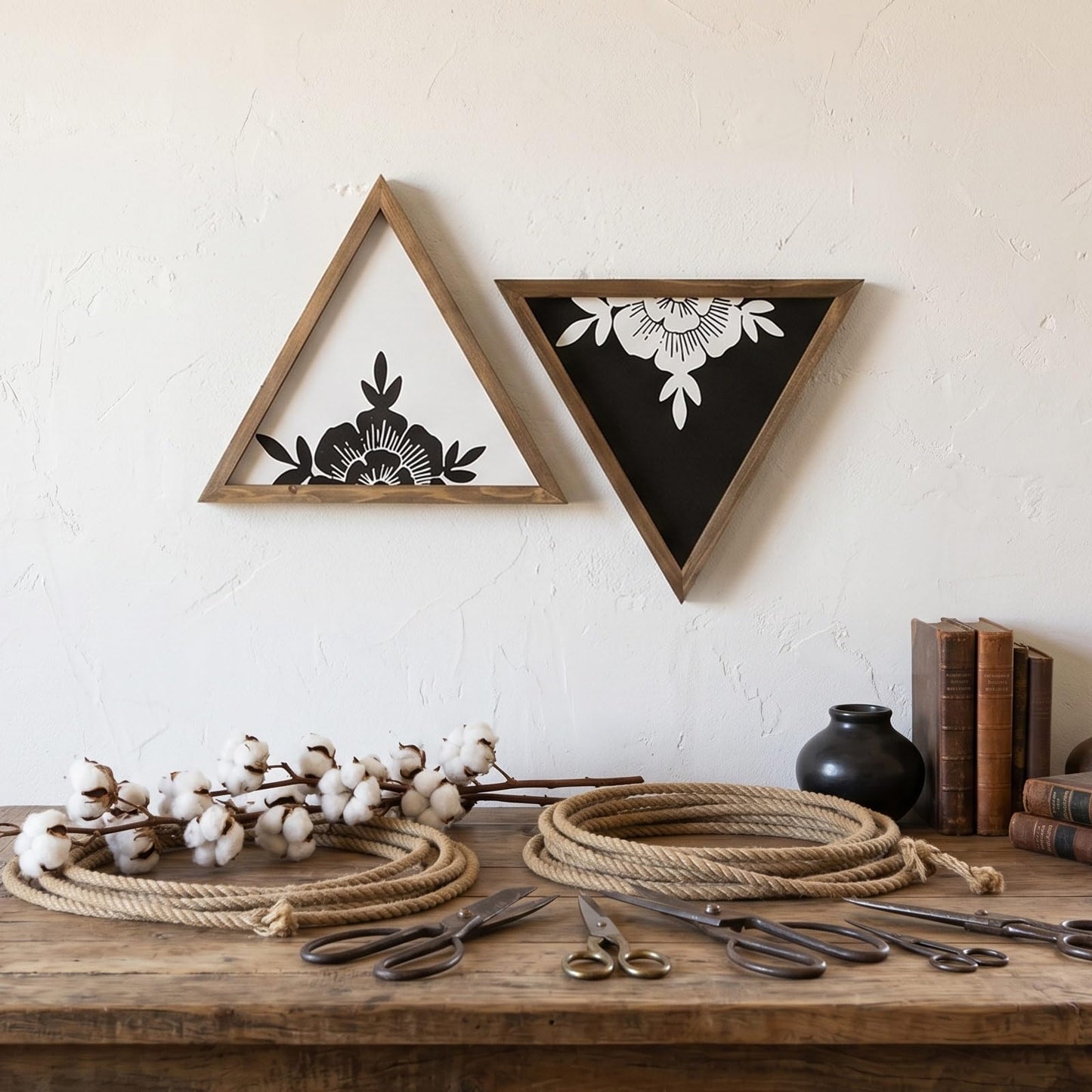 flangairy Floral Wall Decor Wooden Botanical Wall Art Framed Boho Wood Geometric Triangles Black White Bedroom Bathroom Room Home Decorations