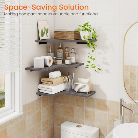 Homode Corner Shelves Wall Mounted, Set of 3 Floating Corner Shelves with Cord Hole, 3 Tier Wooden Hanging Shelves for Storage and Display, for Bathroom Kitchen Living Room, Rustic Grey