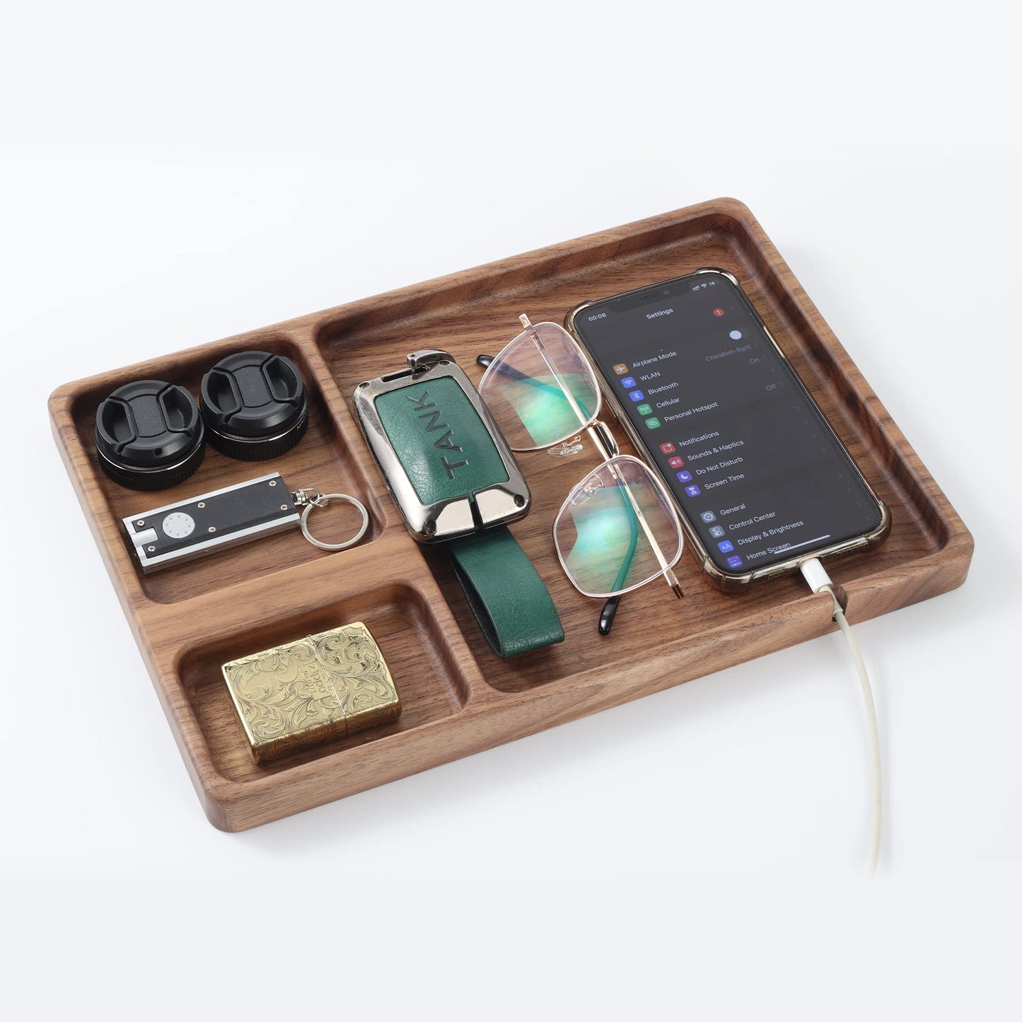 SEEDWAVE Walnut Wooden Valet Tray – Bedside Table Organizer for Men Dad, Edc Catch All Tray with Cable Slot (11.4 x 7.9 x 0.8 Inch)