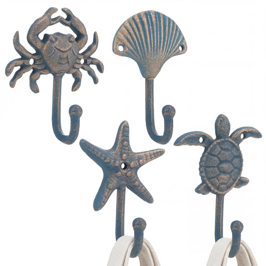 Sosation Set of 4 Ocean Cast Iron Wall Hooks Decorative Sea Life Turtle Starfish Seashell Crab Antique Towel Hooks for Aprons Hats Keys Bathroom Kitchen Pool Nautical Ocean Vintage Decor(Blue)