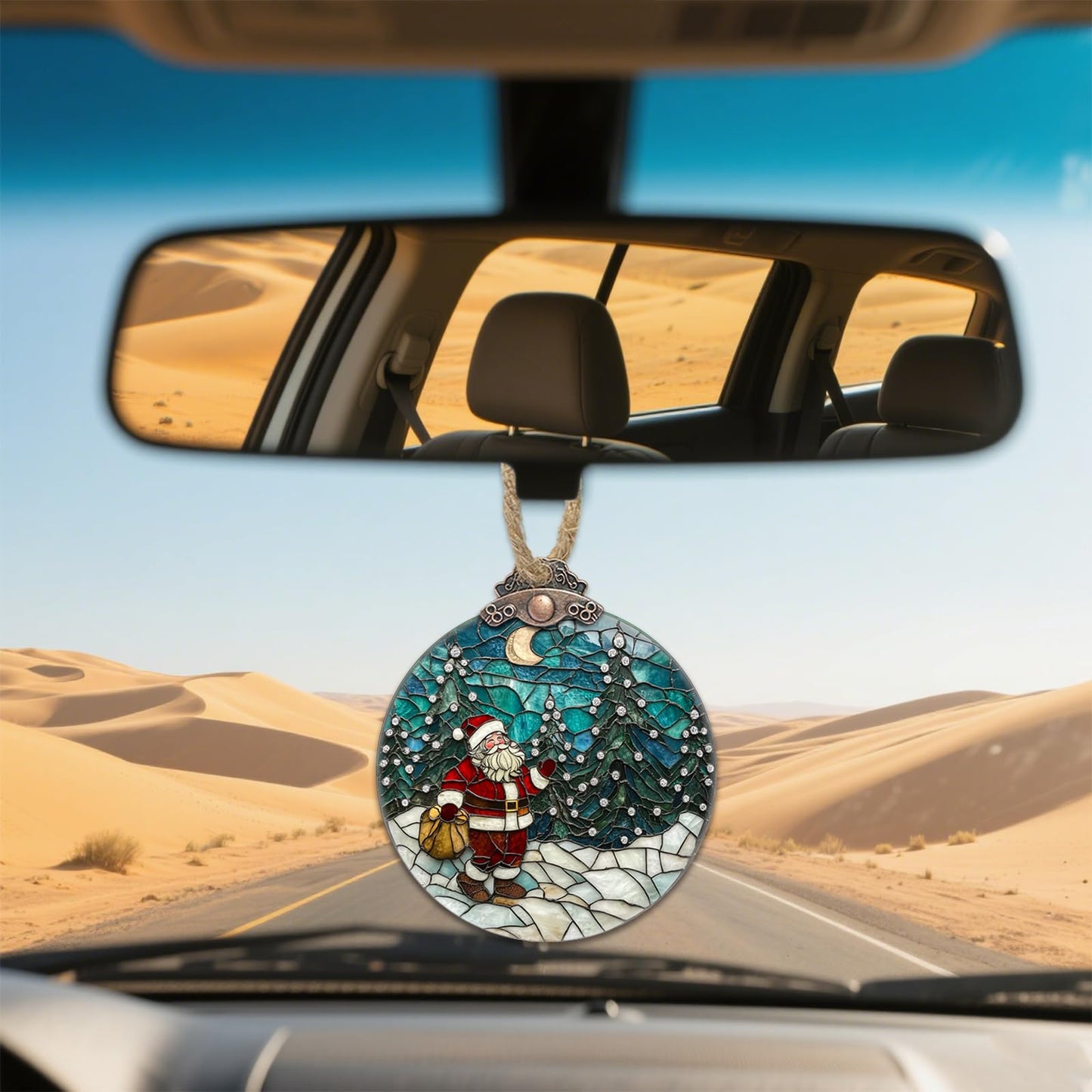 AMDERVEN Stained Glass Christmas Decorations, Santa Claus Giving Gifts Suncatcher for Window Christmas Tree Hanging Ornaments Snow Scene Sun Catcher Xmas Decor Gifts for Women Men Mom Nana Friend