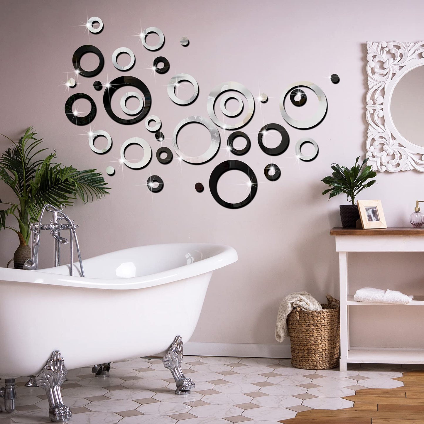 Outus 72 Pieces Wall Stickers Decor Acrylic Circle Mirror Removable Black and Sliver Wall Decor Round Dots DIY Red Living Room Decals Modern Art Murals for Home Bathroom Bedroom Decoration