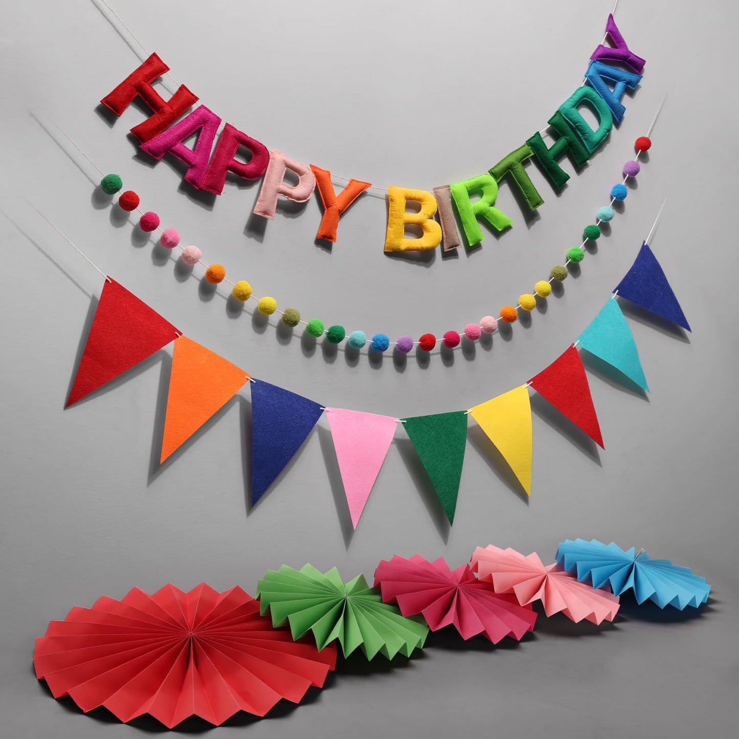 Danadia Pre-Strung Happy Birthday Banner, Reusable Felt Birthday Party Decorations, 3D Effect Happy Birthday Sign with Felt Ball Garland, Pennant Flag, Hanging Paper Fans for Men Women Boy Girls (Rainbow)