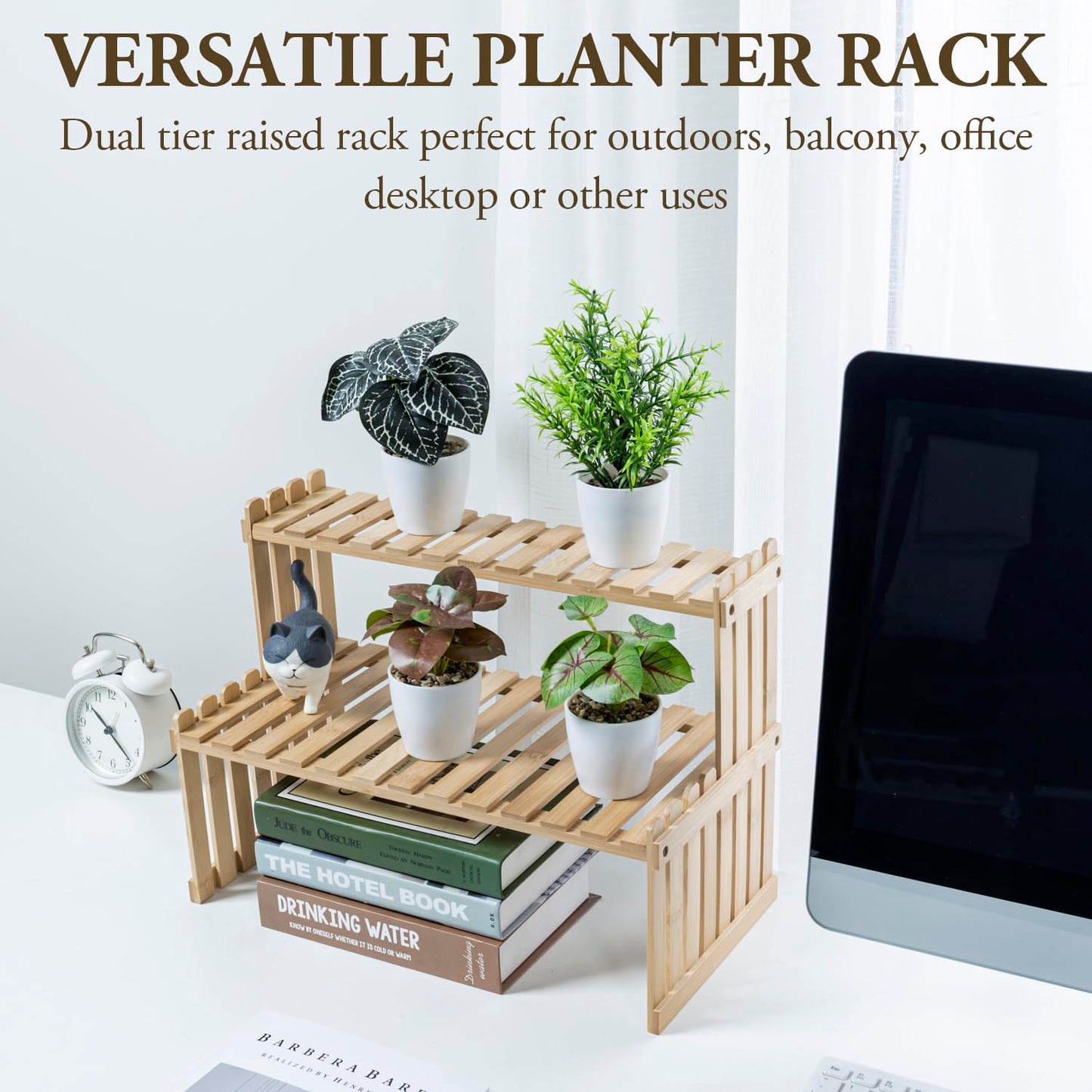 MyGift Natural Bamboo Indoor Plant Stand for Desk, 2 Tier Desktop Shelf Organizer Rack with 2 Slatted Shelves