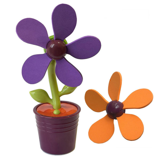 Mini Rechargeable Flower Pot Fan, Includes 2 EVA Blades (1 Purple and 1 Orange) USB-C Charging, 200mAh Battery, Decorative Desktop Fan,