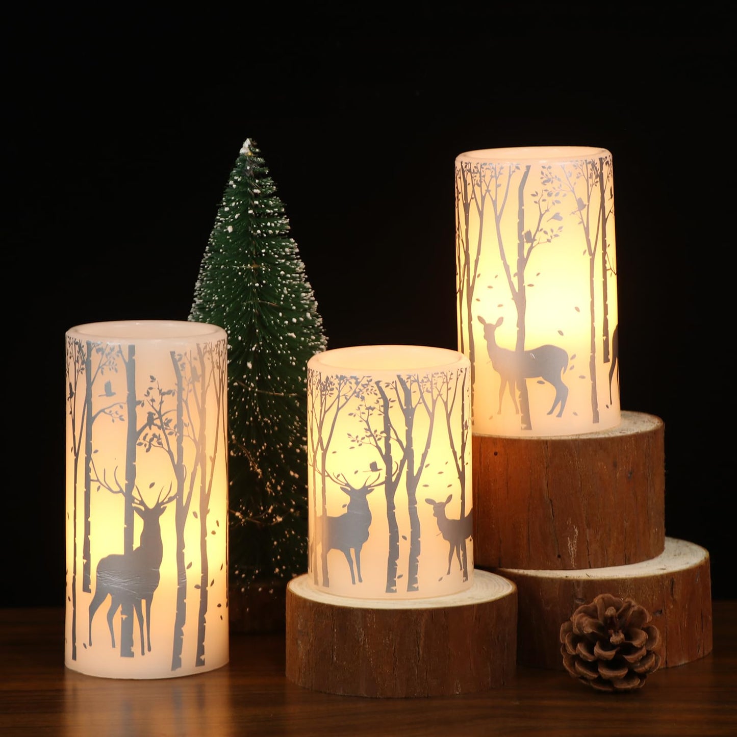 Lasumora Birch Silver Reindeer Christmas Candles with 6H Timer, Real Wax LED Candle Flameless Flickering, Battery Operated Candles Pillar for Home Décor Christmas Decorations Gifts, 3x4/5/6 inches