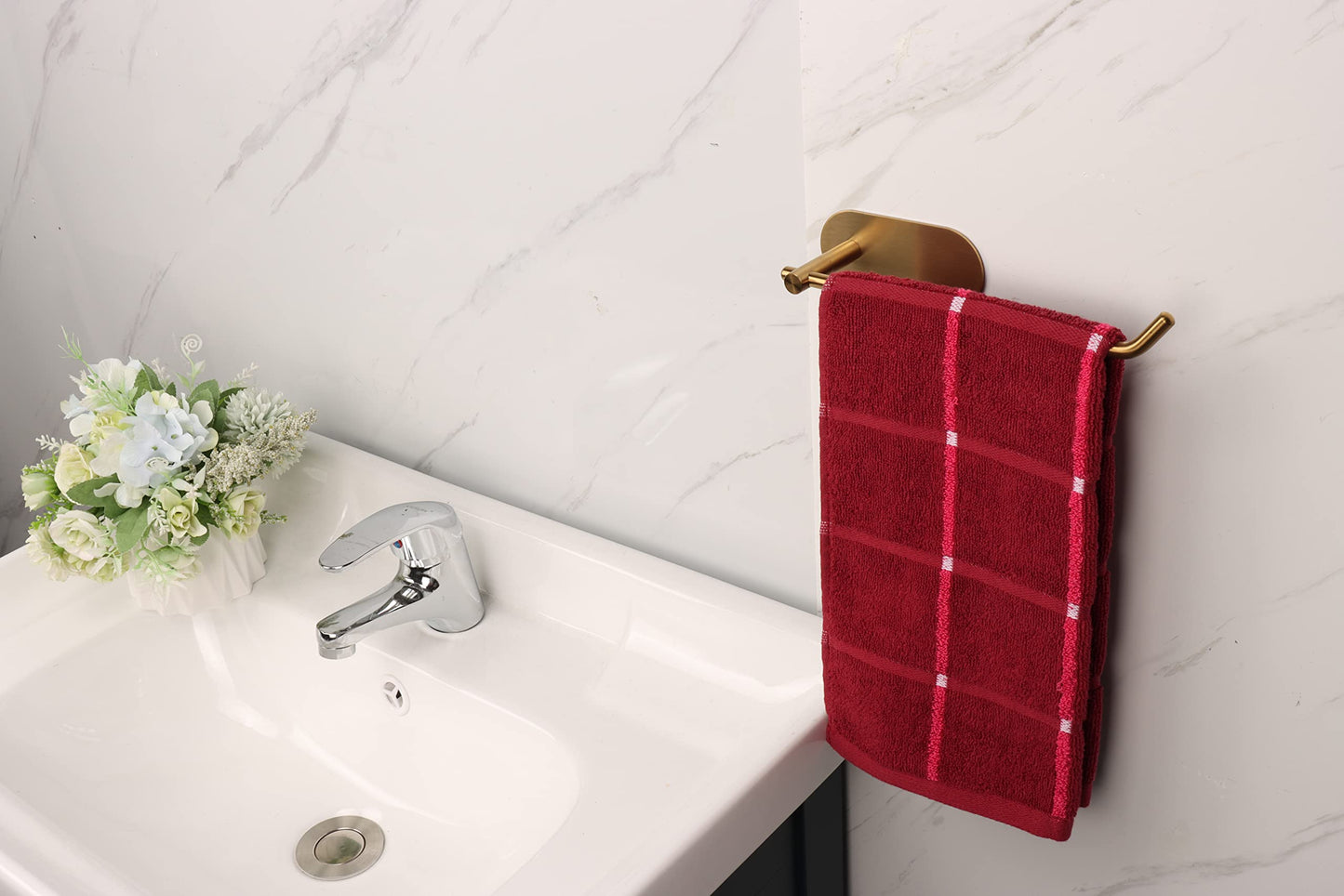 TocTen Hand Towel Holder/Towel Ring, No Drilling Stick on Wall Hand Towel Bar, SUS 304 Stainless Steel Hand Towel Rod, Strong Self Adhesive Hand Towel Rack/Hanger for Bathroom Kitchen (Brushed Gold)