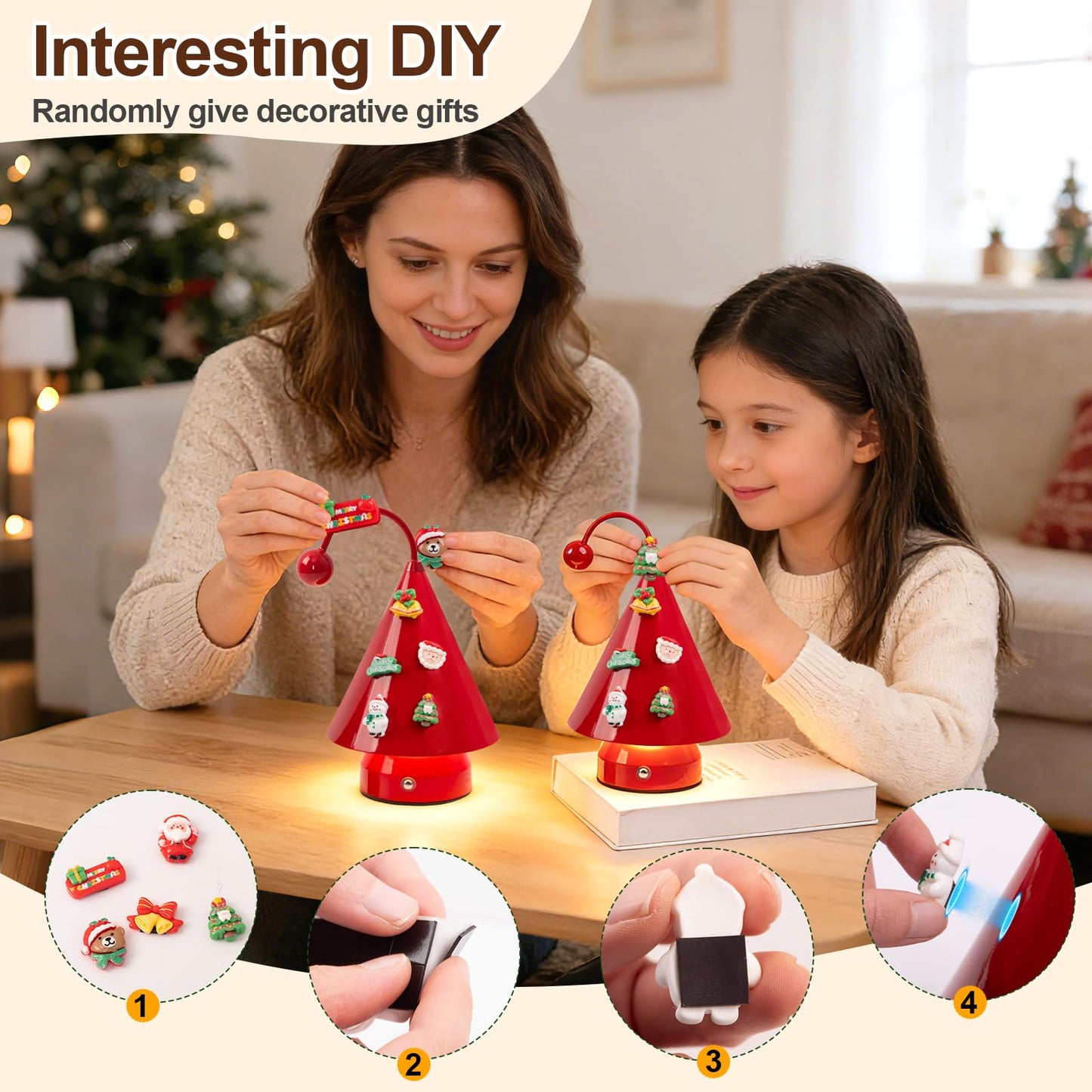 Qeipy Led Lights Cozy Home Decor Cute Christmas Tree Desk Lamp Ambient Lighting,Touch Control, Cordless Rechargeable Battery Operated,for Living Room,Bedroom,Nightstand (Red)