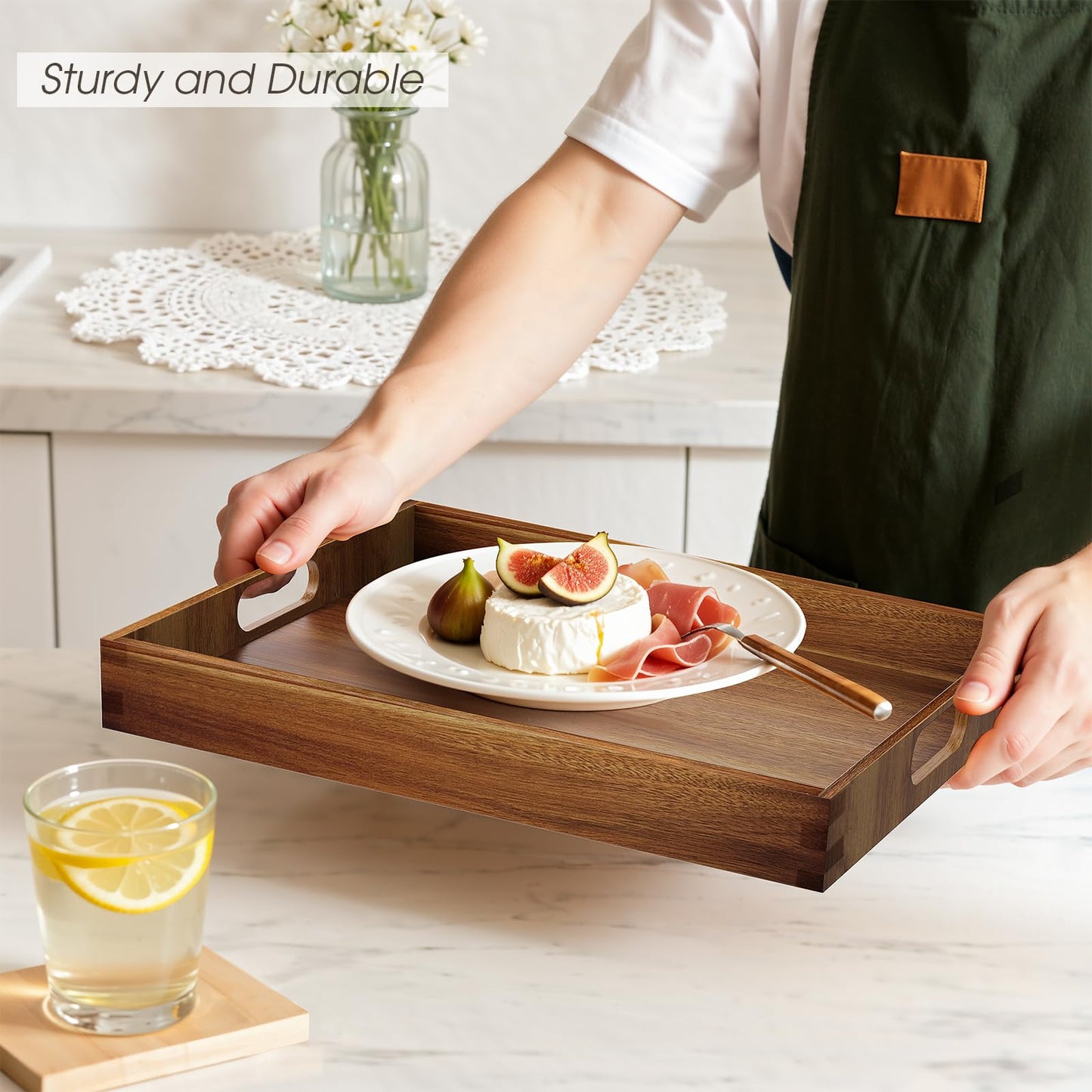 EdenDwell Acacia Serving Trays - 2 Pack, Acacia Wood Serving Platterss, Wood Serving Tray, Decorative Trays for Breakfast, Brunch, Dinner, Coffee Table, Party, Kitchen-M