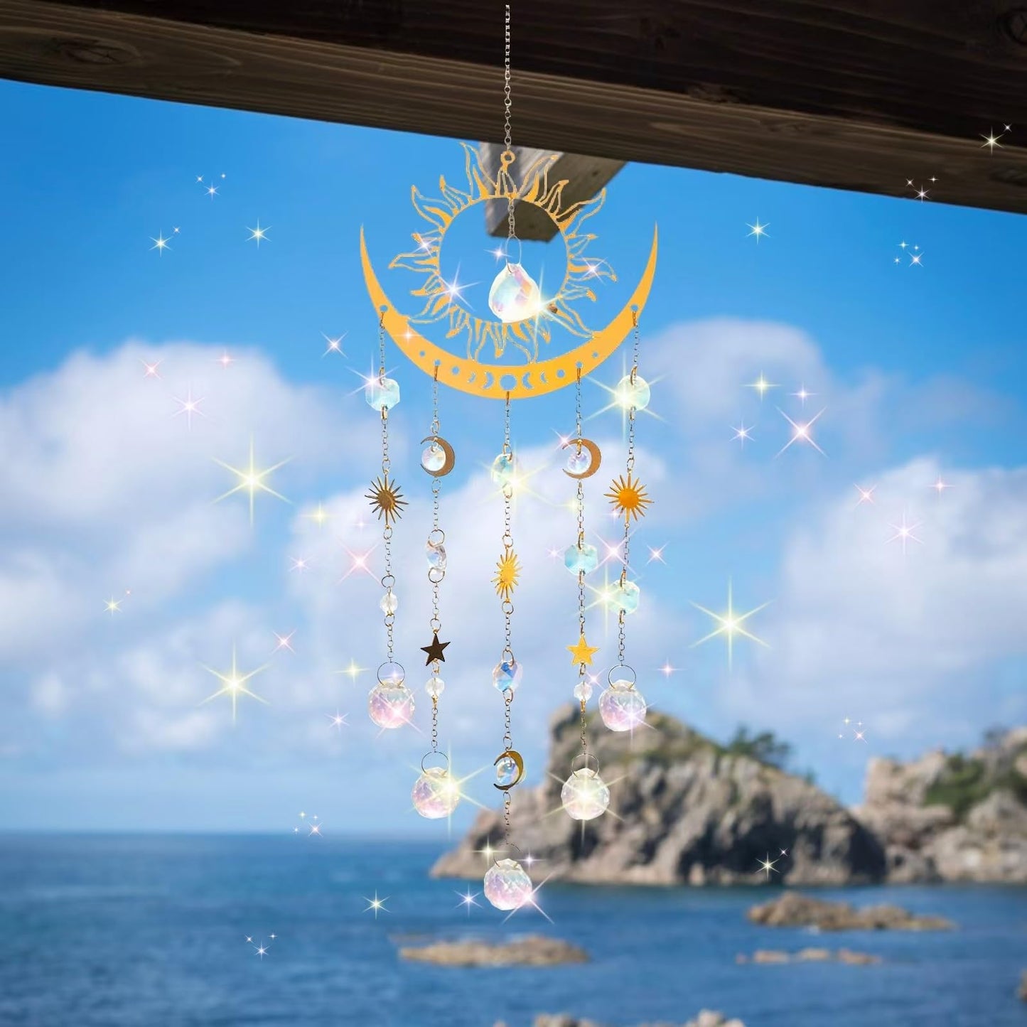 Artilady Sun and Moon Suncatcher - Large Crystal Wind Chimes for Outside Stained Glass Window Hanging Prisms Garden Backyard Ceiling Room Decor Christmas Housewarming Birthday Gift for Girls