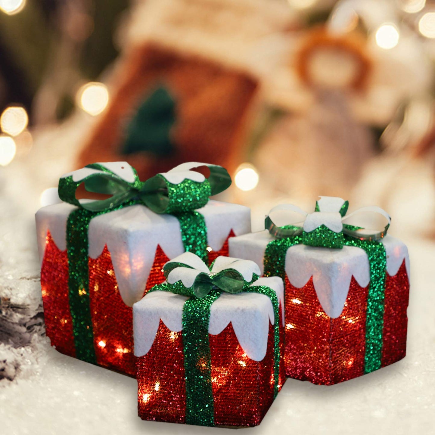 MorTime Set of 3 LED Boxes with Green Bows, Lighted Red Boxes with 60 LED Light String for Christmas Indoor Outdoor Home Yard Party Decoration