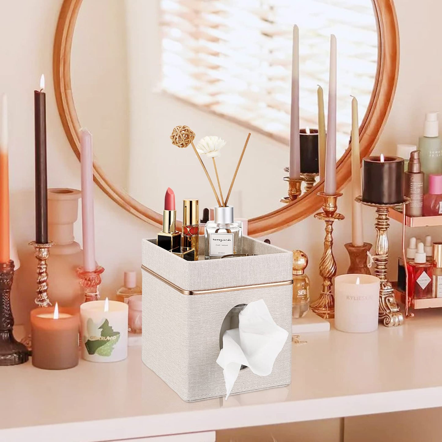 Sumnacon Linen Square Tissue Box Cover - Decorative Cube Tissue Box Holder with Tray, Stylish Tissue Box for Bathroom Toilet Tank Vanity Dresser Table Office Bar Restaurant, Beige