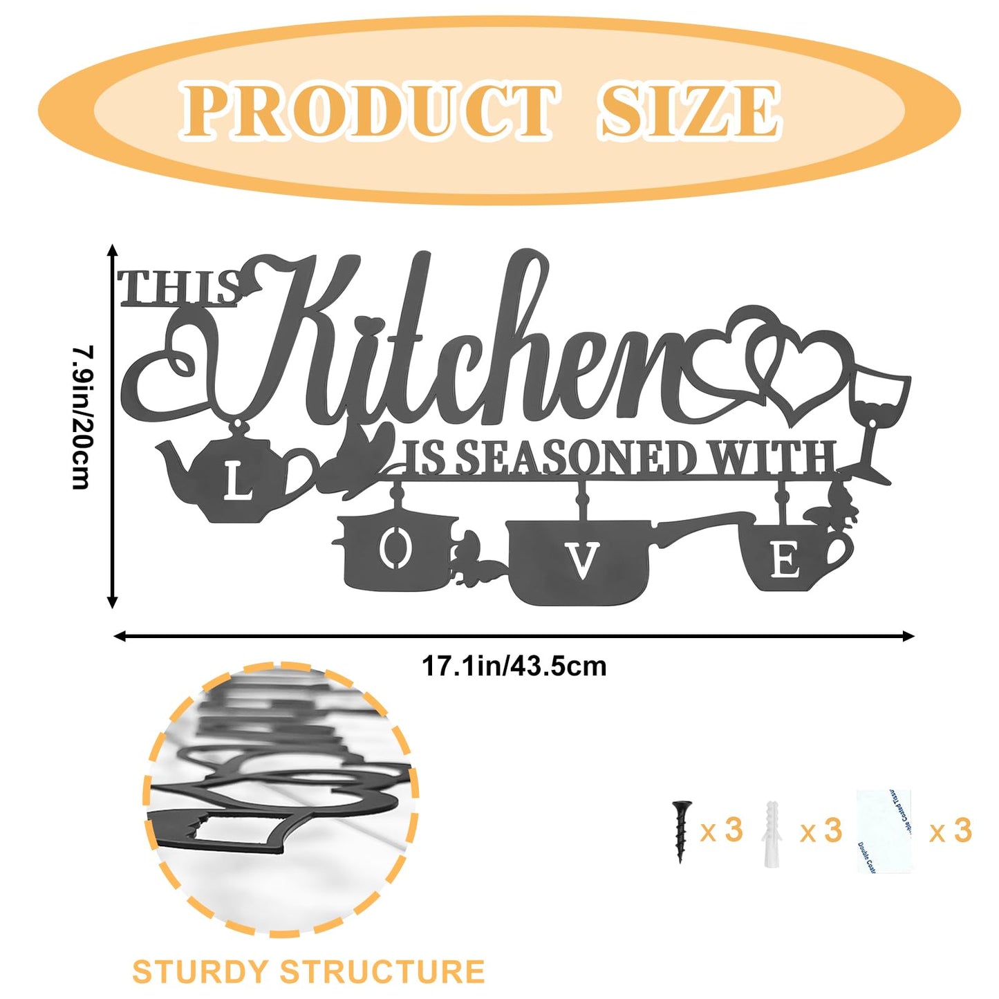 KHayRovies Metal Kitchen Wall Decor, This Kitchen is Seasoned with Love Black Word Name Sign Hanging Wall Art Decor, Rustic Iron Letters Quotes for Kitchen Farmhouse Dining Room Home Decor (A)