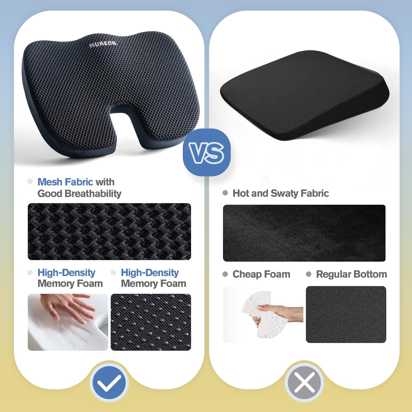 Mureon Seat Cushion for Office Chairs, Large Memory Foam Cushion for Car, Pressure Relief Ergonomic Chair Cushion with Non-Slip Cover for Soft Support for Hip All Day Comfort - Black