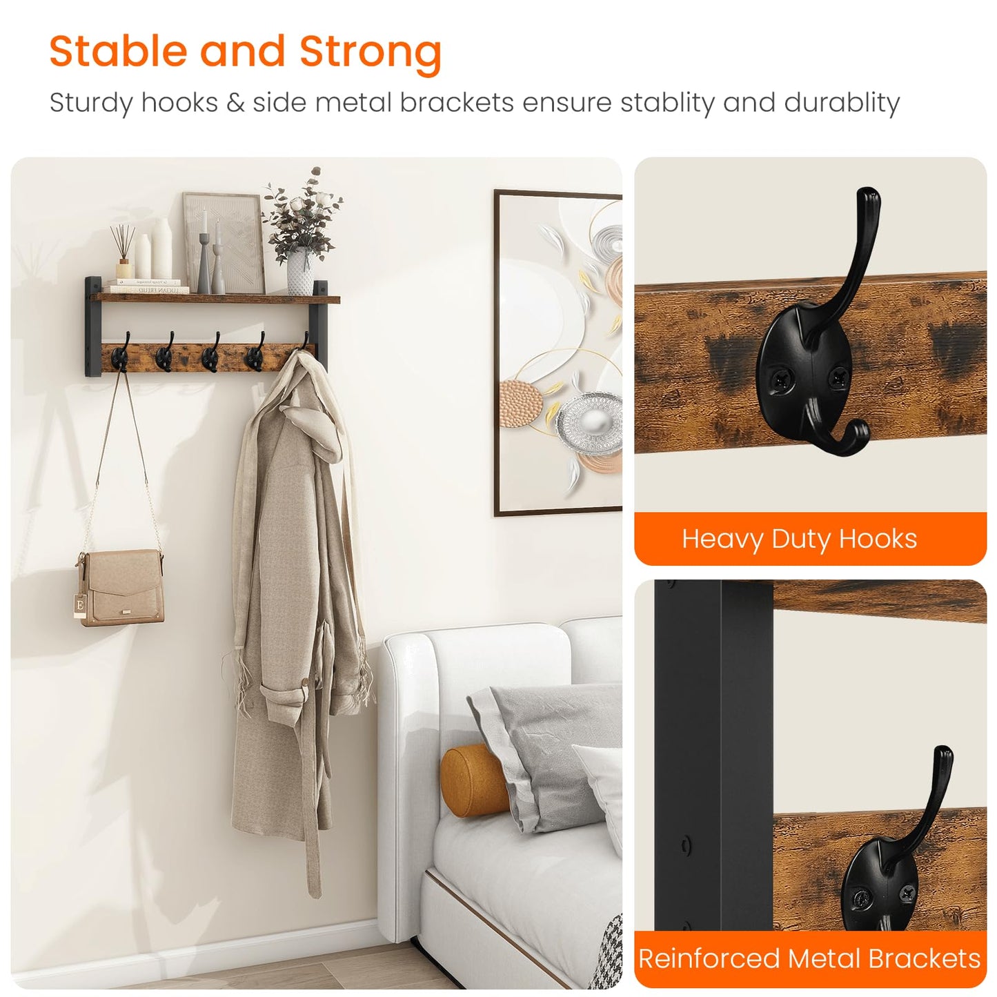 Homode Wall Hooks with Shelf, Wood Coat Rack with Shelf Wall-Mounted, Entryway Hanging Shelves with 5 Metal Hooks for Clothes Hats Towel Purse Robes, Bathroom Mudroom Bedroom, Rustic Brown Black
