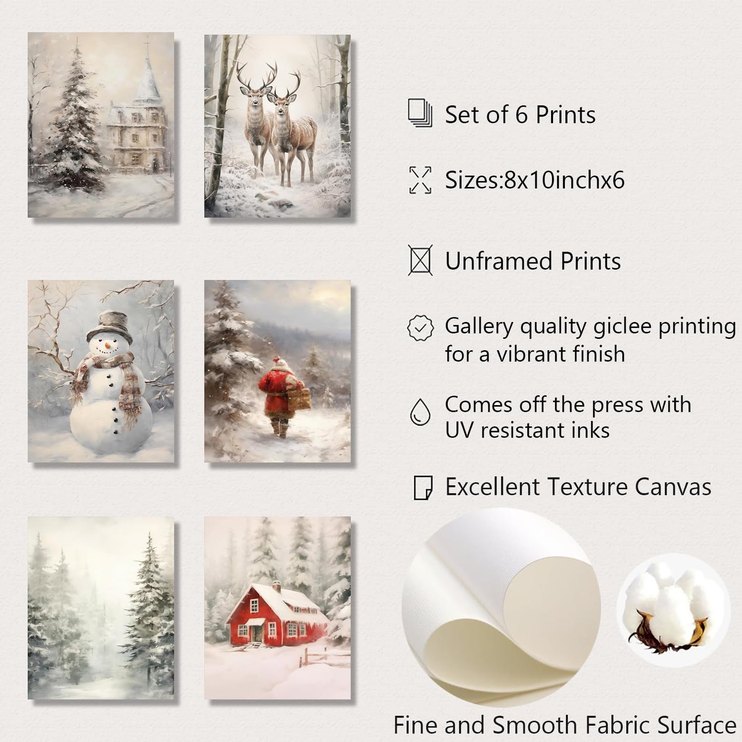 QBZWART Christmas Wall Art Set,6 Pieces 8x10 Inch Canvas Prints,Winter Holiday Theme with Tree,Snowman,Santa,Reindeer for Living Room,Farmhouse Decor,Unframed