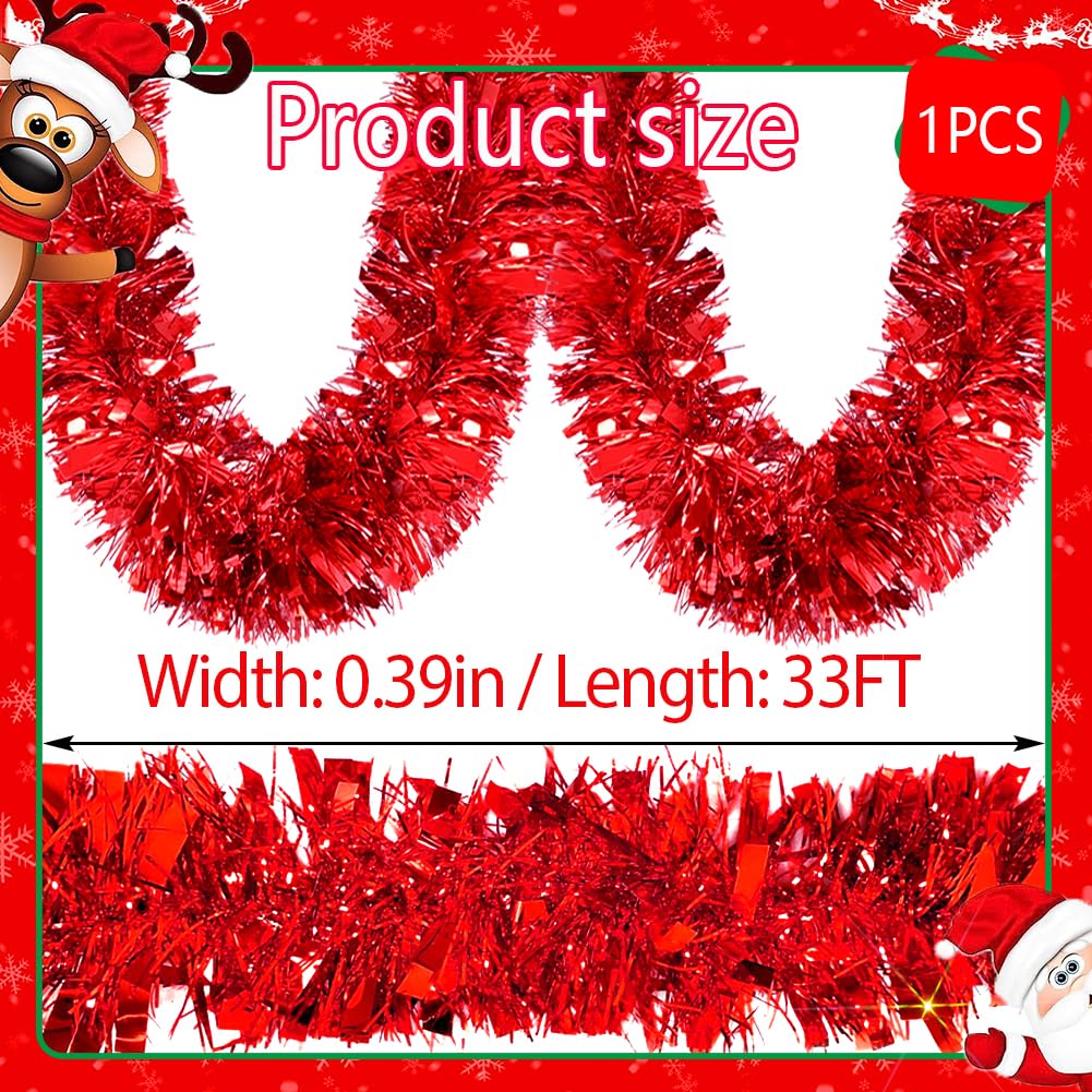 Psoeksdo 33Ft Christmas Tinsel Garland Xmas Tree Decorations Shiny Thick Red Metallic Twist Garland Ceiling Hanging Decor for Xmas New Year Birthday Party Indoor Outdoor Supplies-Red