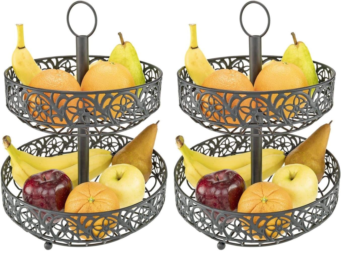 Southern Homewares Two-Tiered Black Metal Fruit Basket – Ornate Decorative Design with Shabby Chic Floral Detail and Hanging Loop (Pack of 2)