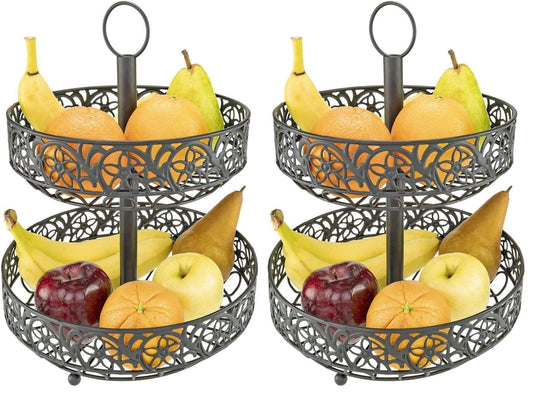 Southern Homewares Two-Tiered Black Metal Fruit Basket – Ornate Decorative Design with Shabby Chic Floral Detail and Hanging Loop (Pack of 2)