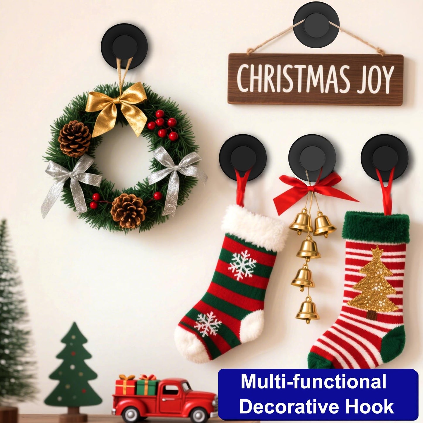 Bntuk Suction Cup Hooks for Door Wreaths, Vacuum Suction Wreath Hanger for Front Door Window Glass, Bath Robe Looafh Shower Hooks for Inside Shower - 2 Pack, Black