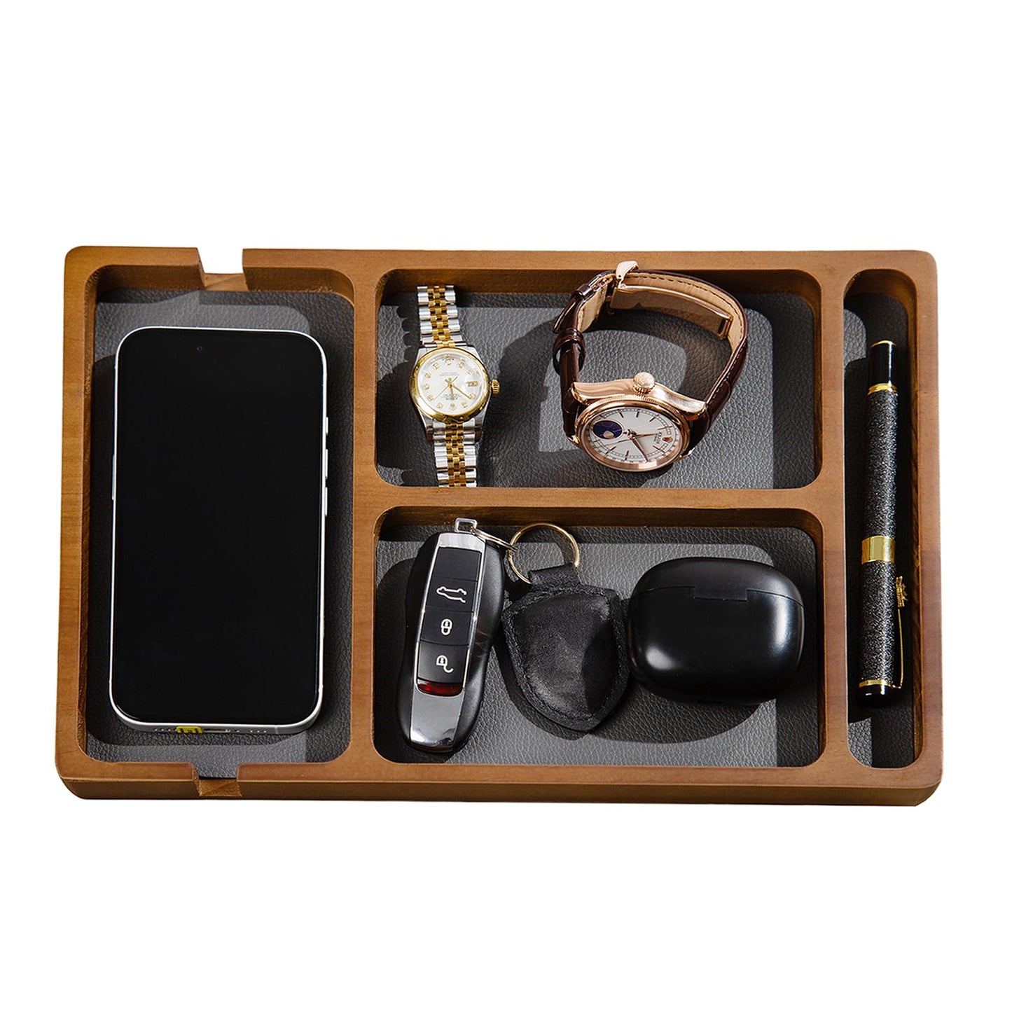 Shinpuru Wooden Valet Tray for Men, Nightstand Organizer with Leather Inlay, EDC Essentials Catchall Tray for Keys, Phone, Wallet, Watch, Earbuds - Bedside Desk Entryway Tray (Wood-Pen)