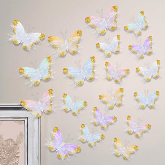 Ferrochef 24 Pcs Pastel Feather 3D Butterfly Wall Stickers Glitter Butterfly Wall Art Mural Stickers Removable Decals Decor for Wedding Party Birtyday Flower Bouquet Nursery Bedroom Cake Home Decor