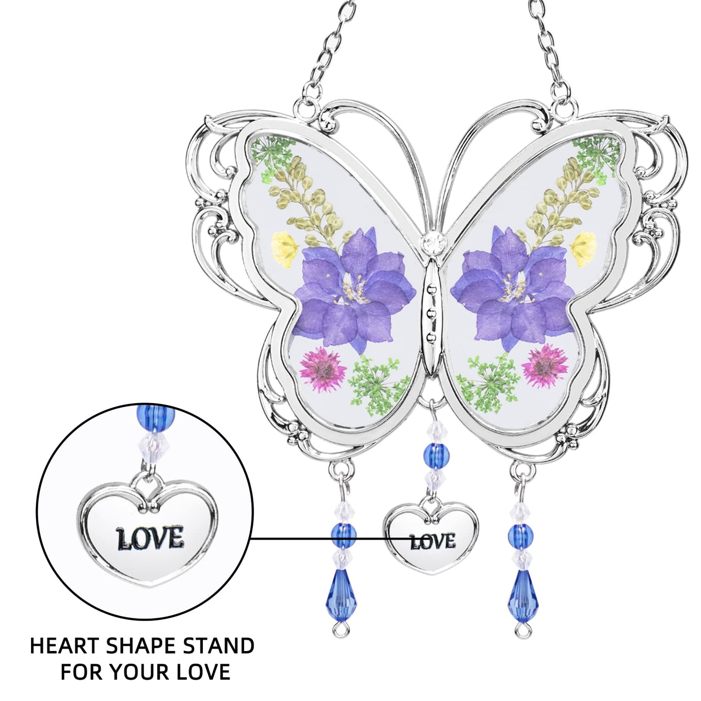 BOGDAN Crystal Butterfly Suncatcher with Pressed Flower Wings Mom Mother's Day Butterfly Glass Wind Chime Ornament Charm with Metal Heart Happy Birthday Gifts for Mom Grandma with Free Hook (Love)