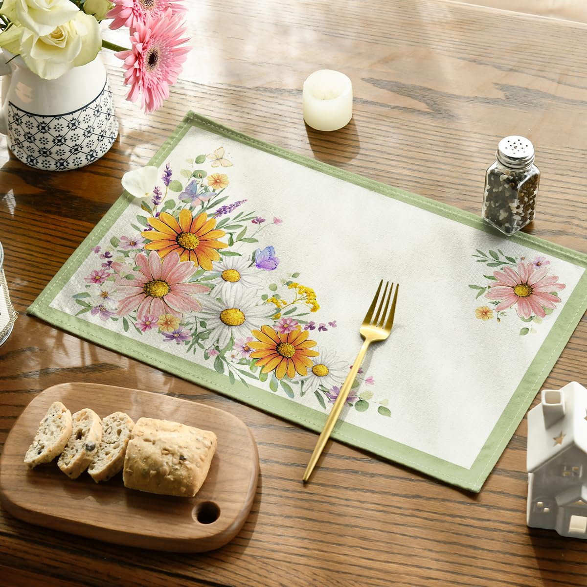 Artoid Mode Green Sunflowers Butterfly Spring Placemats Set of 4, 12x18 Inch Seasonal Summer Holiday Table Mats for Party Kitchen Dining Decoration