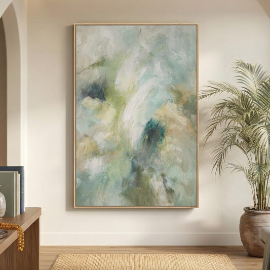 Extra Large Framed Teal Abstract Wall Art, Oversized Vertical Sage Green Canvas Prints Paintings Artwork for Walls, Modern Minimalist Pictures Wall Decor for Living Room Bedroom Hallway 40x60 In