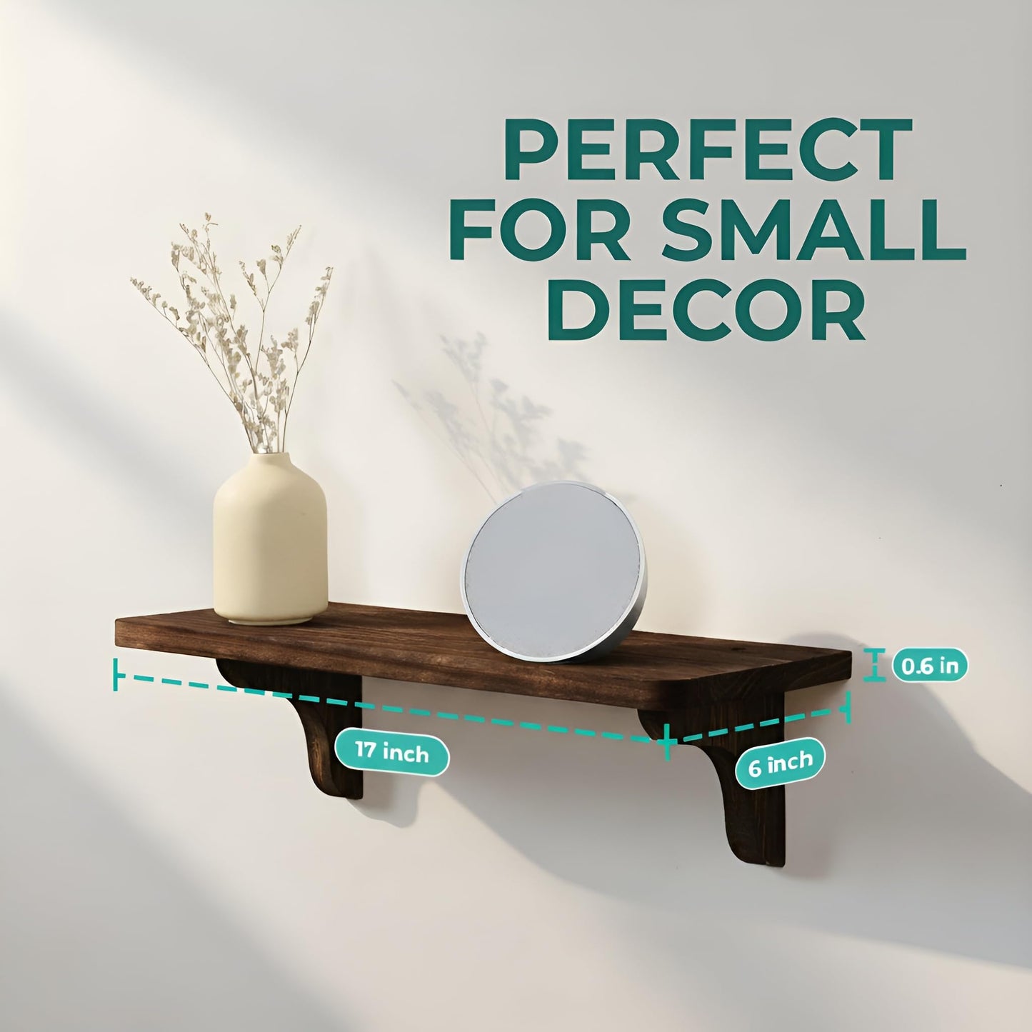 Real Wood Wall Mounted Shelving Rustic Wood Shelves with Brackets - 17 inch (3 Pack) - Easy to Install, Template and Video Included - Wide Brown Shelves for Wall