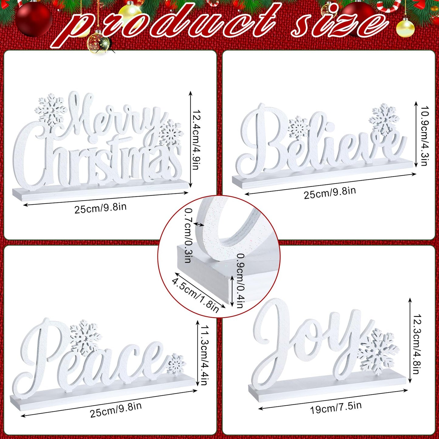Roowest 4 Pcs Wooden Christmas Table Sign White Merry Christmas Table Decor Elegant Joy Wood Cutout with Glitter Tabletop Believe Peace Words Centerpiece for Mantle Tiered Tray Shelf Xmas Party Decor