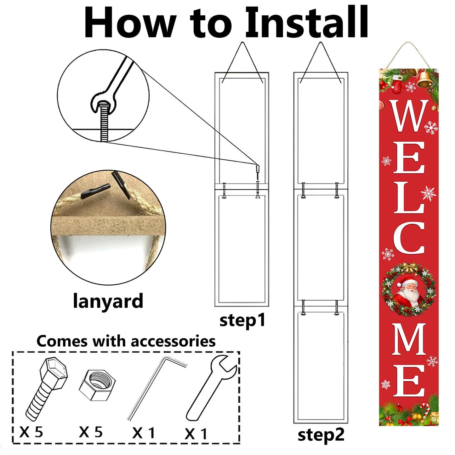 Christmas Welcome Sign for Front Porch Standing, Christmas Wooden Sign, Welcome Porch Sign for Outdoor Yard Wall Decorations 47.2" H (Welcome)