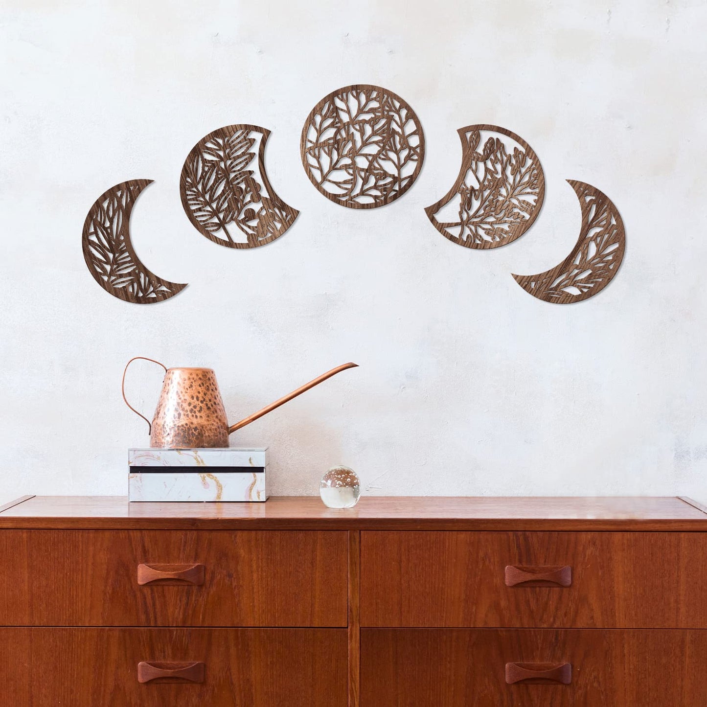 Jetec 5 Pcs Moon Phase Wall Art Decor Wall Pediments Hanging Wooden Phase Spiritual Bedroom Nordic Boho Lunar Aesthetic Art for Living Room Dorm Apartment Ornament(Brown,10.6 Inch,Botanical)