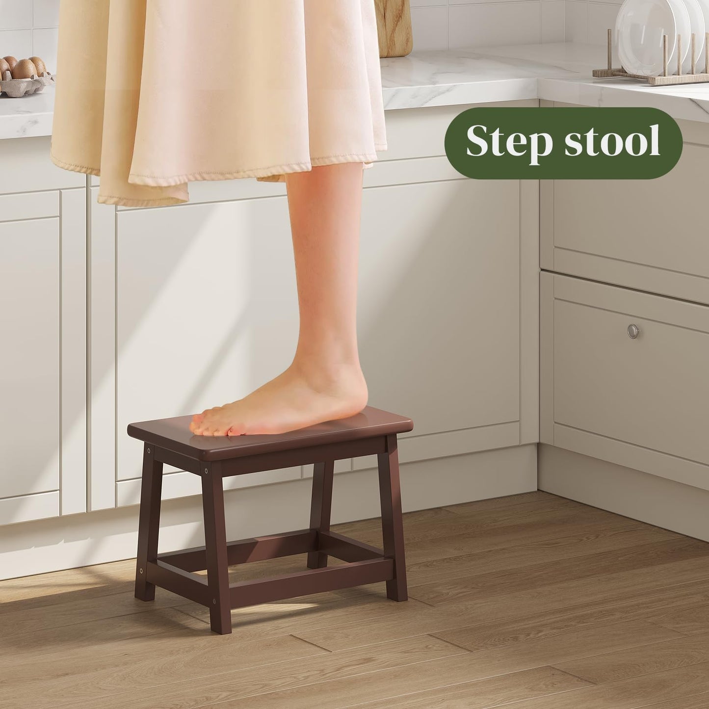PULIJIAJU Wooden Step Stool for Adults and Kids, Step Stool for High Bed with Non-Slip Feet, Vanity Bench for Bedroom, Living Room and Kitchen (Coffee-Small)