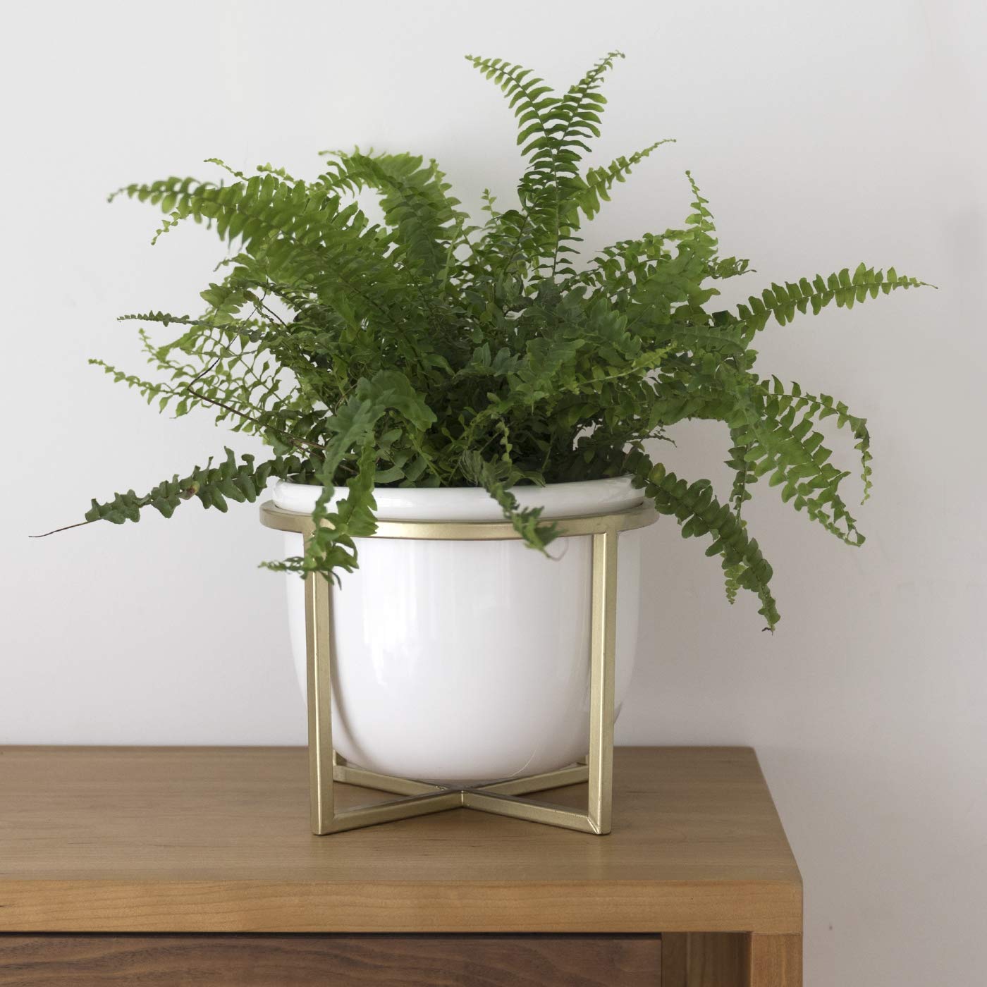LA JOLIE MUSE Ceramic Flower Plant Pot with Stand - 6.7 Inch White Indoor Planter Pot with Gold Metal Stand for Herbs Orchids Cacti Succulents