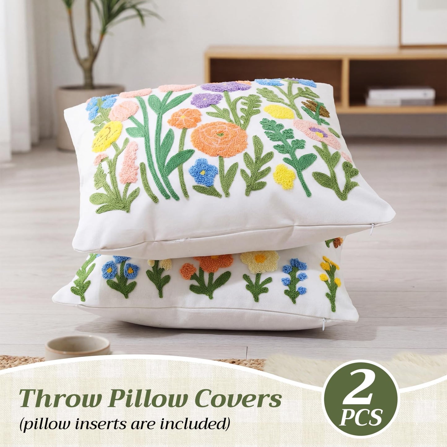 Gilprop 2 Pcs Embroidered Throw Pillow Covers Boho Square Pillow Covers Floral Spring Leaf Plant Cushion Cases for Bed Couch Sofa Bedroom Living Room Home Decor(Flowers,18 x 18 Inches)