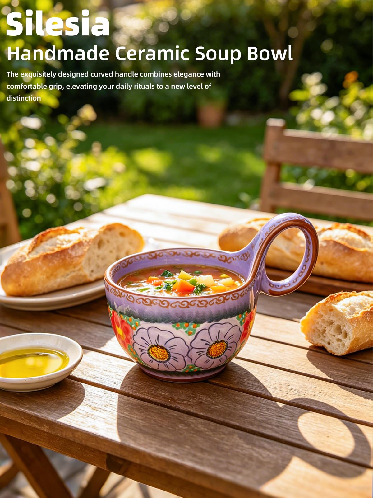 silesia Handmade Ceramic Soup Bowl with Loop Handle, Hand Painted Floral Cereal Bowl, Artisanal Soup Mug for Chili, Stew, Oatmeal, Microwave Safe, Glazed Purple