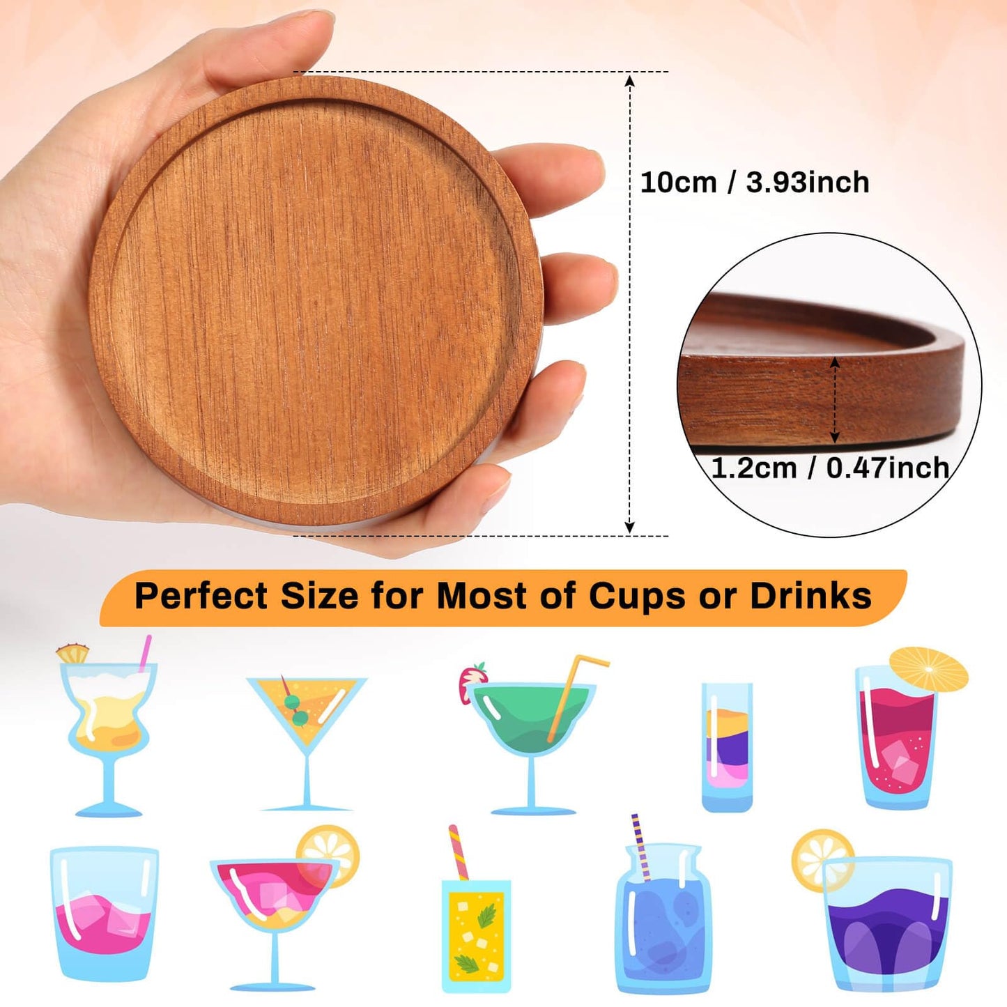 Mckanti Wooden Coasters Set of 6 with Holder, Acacia Wood Drink Coasters for Farmhouse, Patio, Bar Decoration