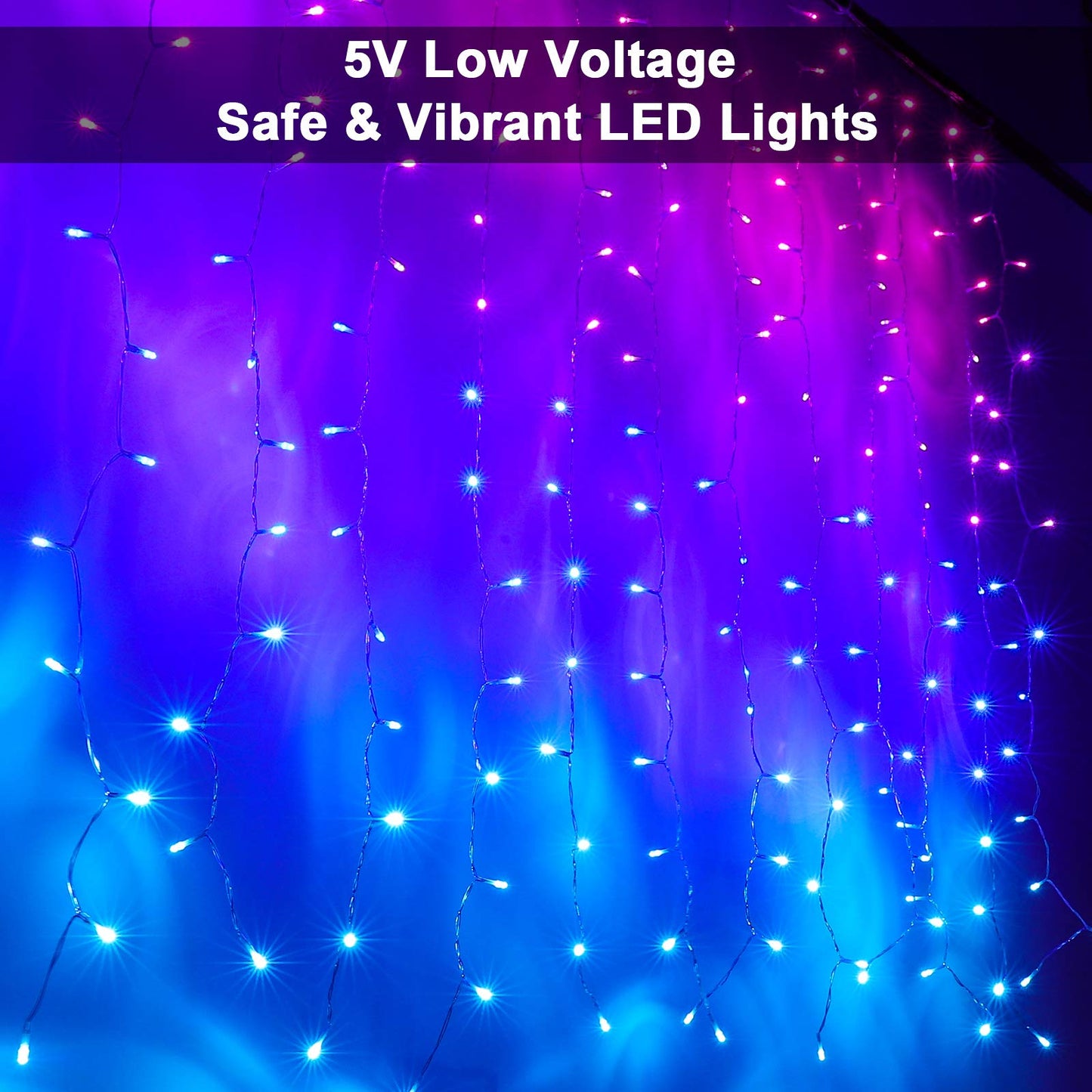 Pink Purple & Blue Ombre Fairy Curtain Lights with Dimmer Switch, Ombre Rainbow LED Icicle String Curtain Lights for Girls' Bedroom, Teen Room, Kids' Room, Wedding, Mother's Day, Mermaid Decor