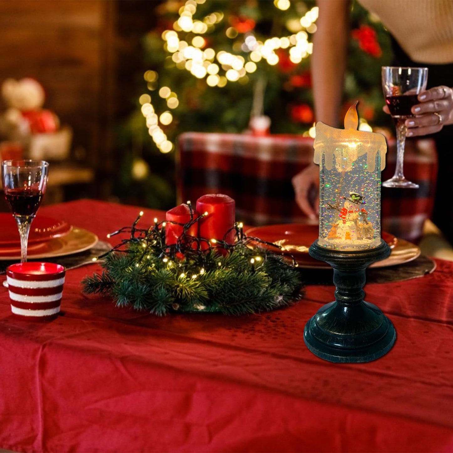 Snowmen Snow Globe Candle Operated Flameless LED Christmas Decor with Swirling Water & Glitter, Spinning Tabletop Centerpiece for Holidays, Winter Wonderland Gift